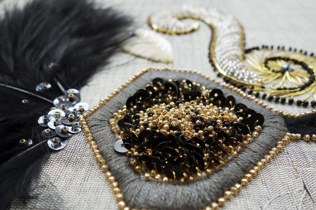 Close up of beading, sticking and sequins on a garment